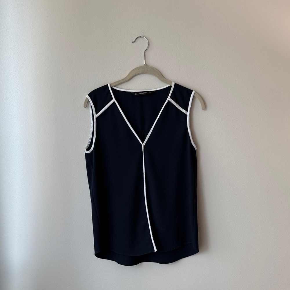 S | Zara Navy Blouse with White Accents